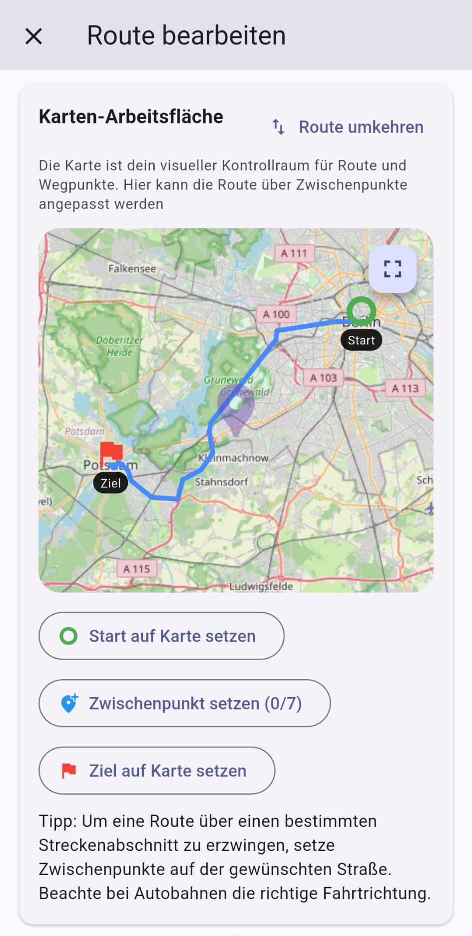 Route bearbeiten mit Karte und Zwischenpunkten