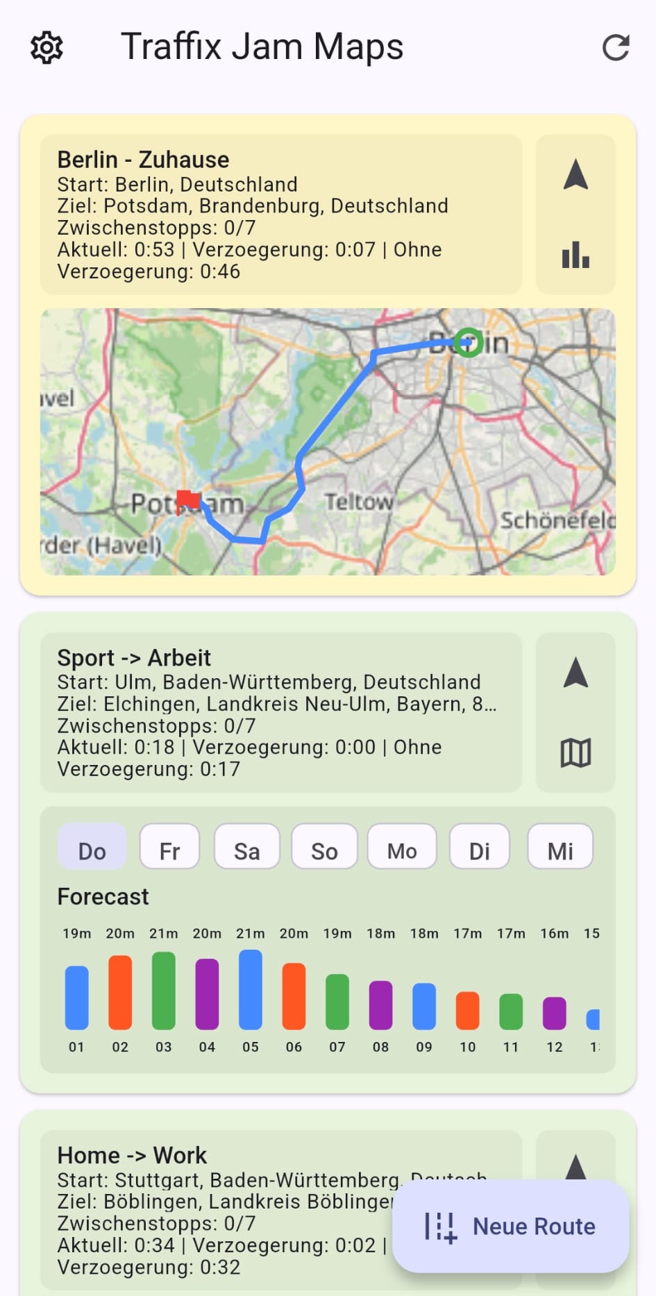Startseite der App mit Routenkarten und Vorschau